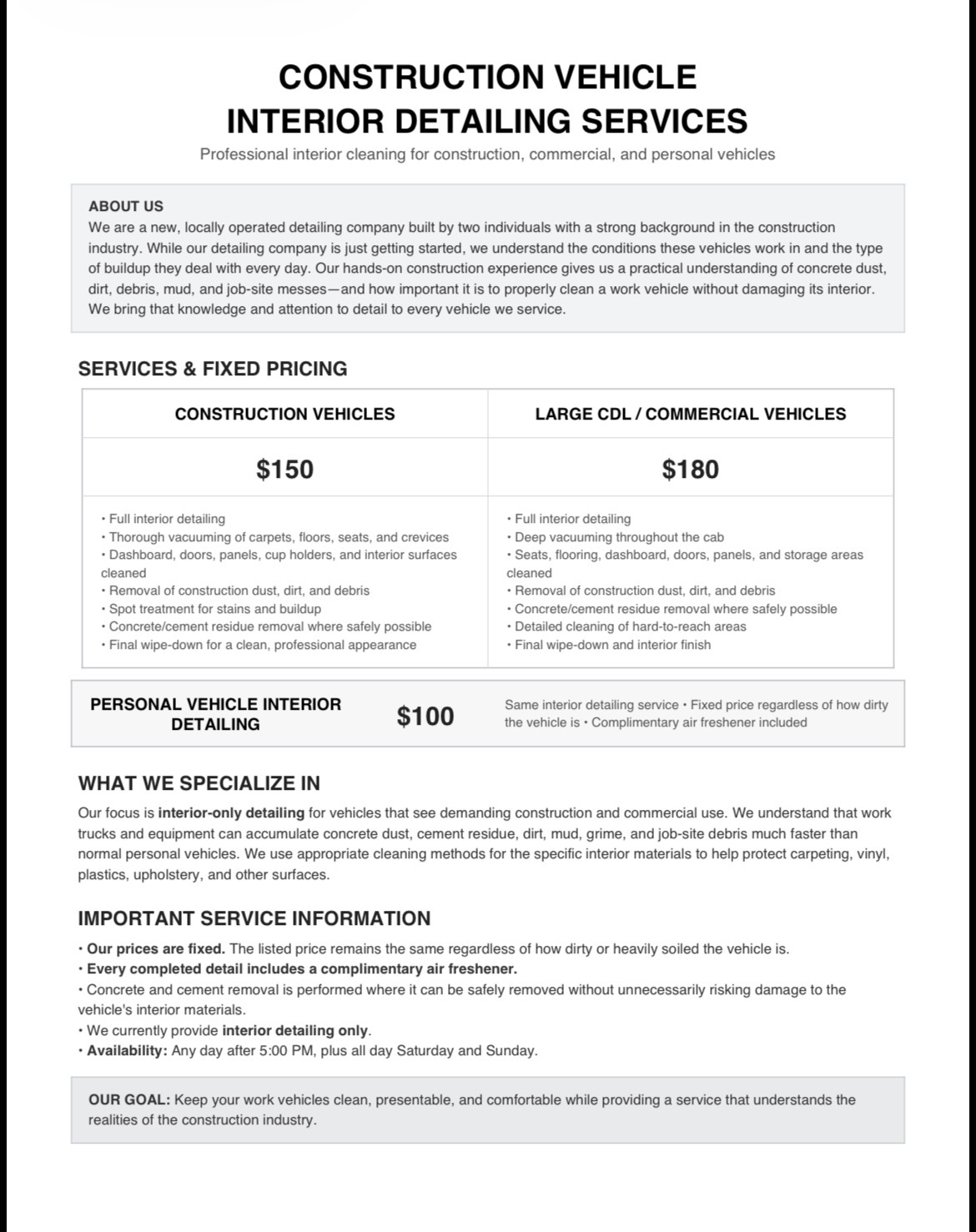 Detailing Ladds service and pricing flyer